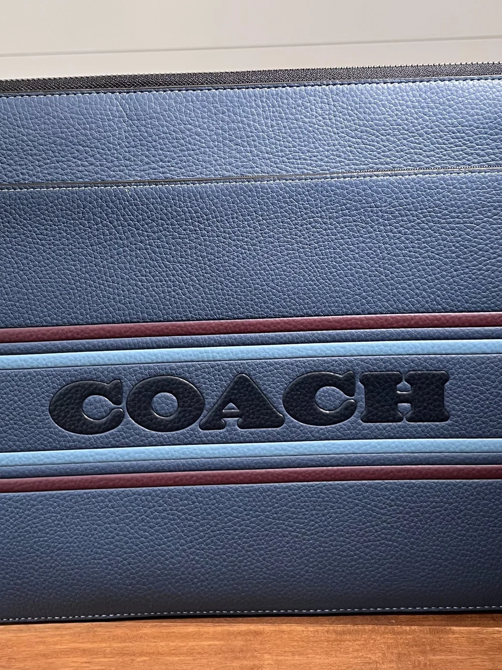 Coach Leather Laptop Sleeve Case Blue Stripe Zip Padded Portfolio 13” To 14”.